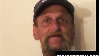 Bearded homo jerks his big dick to a wild finish