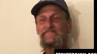 Bearded homo jerks his big dick to a wild finish