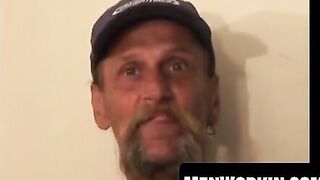 Bearded homo jerks his big dick to a wild finish