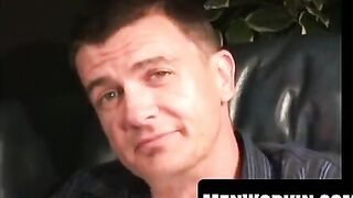 Handsome older man wanks and coats his hands in cum
