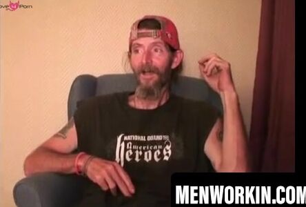 Bearded man shows off his thick cock and strokes it