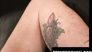 Mature homo pumps his cock on a chair and unloads