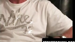 Older inked guy jerks his hard meat and shoots loads