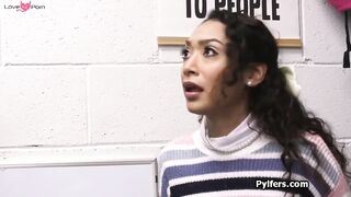 Throat fucking curly Latina for stealing porn DVDs
