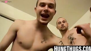 Tattooed young thug jerks till thick ropes appear