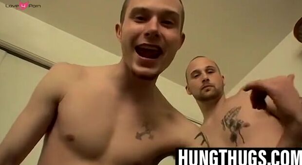 Tattooed young thug jerks till thick ropes appear