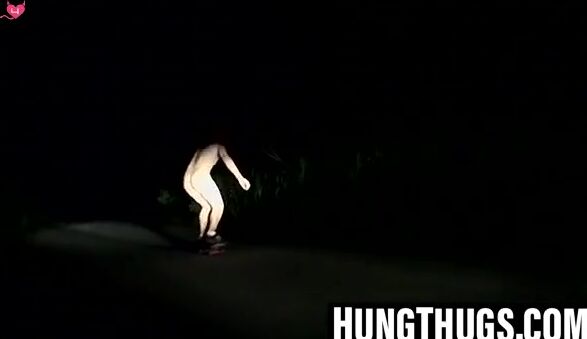 Straight thugs drive off for night time outdoor jerking