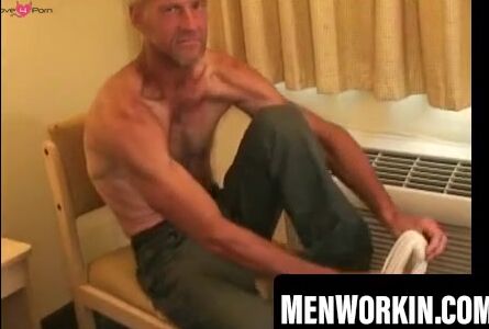 Rough silver fox strips nude and strokes his thick cock