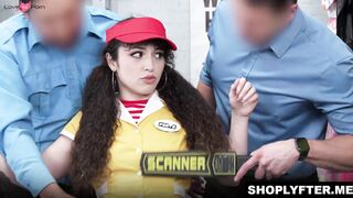 Shoplifter Pixie Smalls having four dominating studs fucking her holes