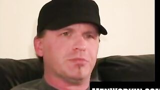 Pierced amateur fingers his ass while stroking fat cock