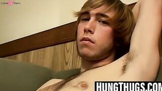 Blonde stud Liam works his dick and sprays ropes of jizz