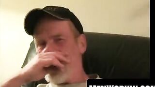 Hairy mature stud teased before jerking his fat dick off