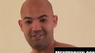 Bald mature man jerks off while riding a thick dildo