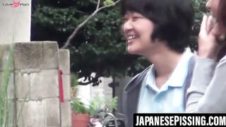 Naughty schoolgirls are peeing outside after school let out