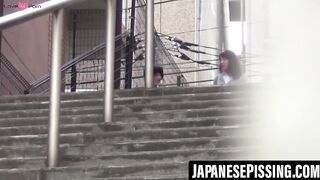 Naughty schoolgirls are peeing outside after school let out