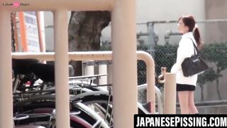 Sexy Asian in knee socks seeks a hidden spot to pee