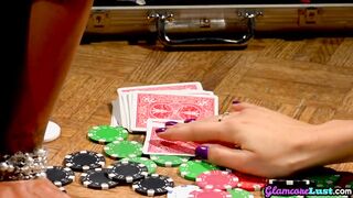 Gambling lesbians pussylick and finger on table