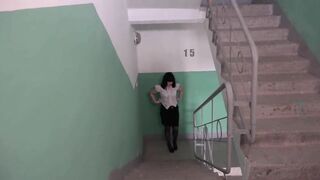 Dark Haired with a anal plug into the booty walks the