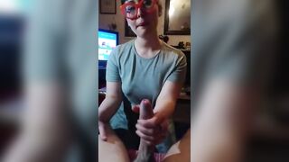 Geeks hand job glasses edging cum shot