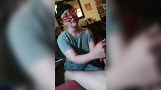 Geeks hand job glasses edging cum shot