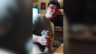 Geeks hand job glasses edging cum shot