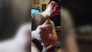 Geeks hand job glasses edging cum shot