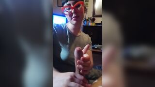 Geeks hand job glasses edging cum shot