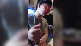 Geeks hand job glasses edging cum shot