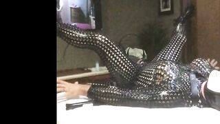 Dominatrix Mistress Fucks Submissive Slave in Latex Gloves with Strap-On Dildo