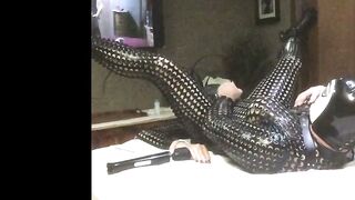 Dominatrix Mistress Fucks Submissive Slave in Latex Gloves with Strap-On Dildo