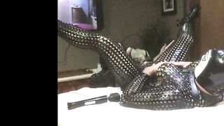 Dominatrix Mistress Fucks Submissive Slave in Latex Gloves with Strap-On Dildo