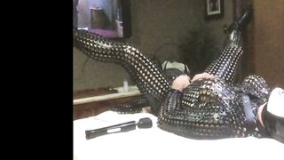 Dominatrix Mistress Fucks Submissive Slave in Latex Gloves with Strap-On Dildo