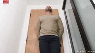 Brazzers: Woman in Teal Outfit Strips and Bends Over in Modern Bathroom Shower