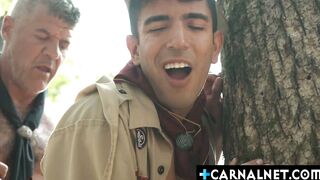 Scoutmaster Stone Deepthroats Milo in Outdoors Bareback Anal Sex