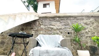 Blonde Bitch Sucks Pink Dildo on Outdoor Terrace