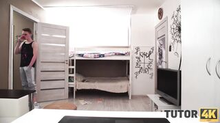 TUTOR4K. Young man pulled leggings down baring erect dick for homemade professor