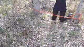 Bound up to a tree outdoors on Beauty clothes, ball