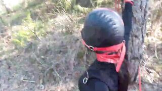 Bound up to a tree outdoors on Beauty clothes, ball