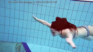 Huge jugs 18 yo Liza Bubarek swimming nude inside the pool