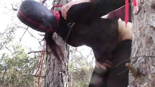 Bound up to a tree public on Hot clothes, wearing
