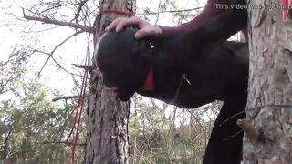 Bound up to a tree public on Hot clothes, wearing
