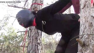 Bound up to a tree public on Hot clothes, wearing