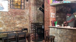 Fake-Cock dommes banged sissy subject into the bar
