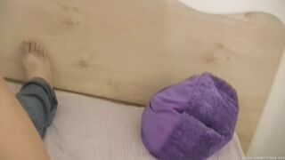 Slender dark haired with little perky melons grinds her twat on his cock