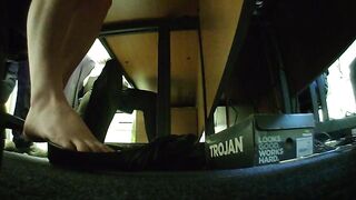 Nat having fun with her shoes under desk & shoes off