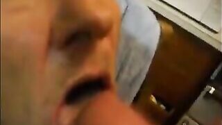 Old housewife is taking cum on her mouth