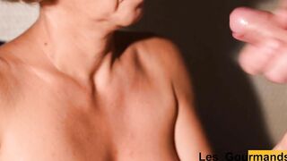 Close up fellatio and cummed on natural hooters