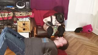 Thin gothic dominatrix feeding her sub mouth to mouth pt1