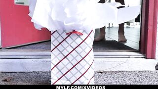 Tiny titted milf tries on new underwear and loves how