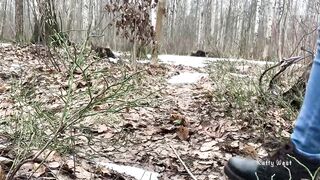 Peeing on her underwear into the woods while nobody sees